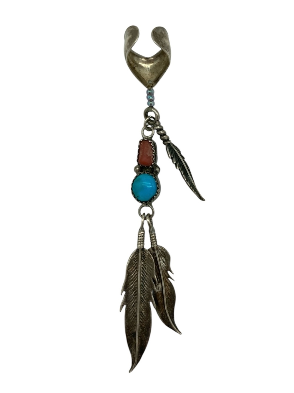 Running Bear Studio Sterling Silver 925 Turquoise and Red Coral Feather Ear Cuff